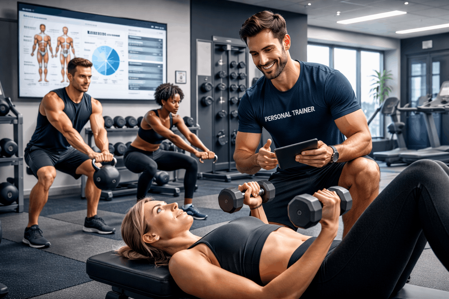 Personal trainer course showing a fitness professional coaching clients through strength, cardio, and flexibility exercises