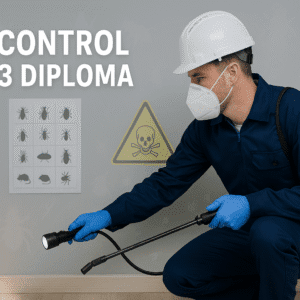 Pest Control course banner showing technician inspecting property with tools, safety gear, and pest identification charts.