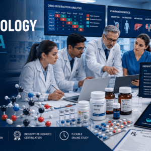 Healthcare professionals studying medicines and drug therapies in a pharmacology diploma programme