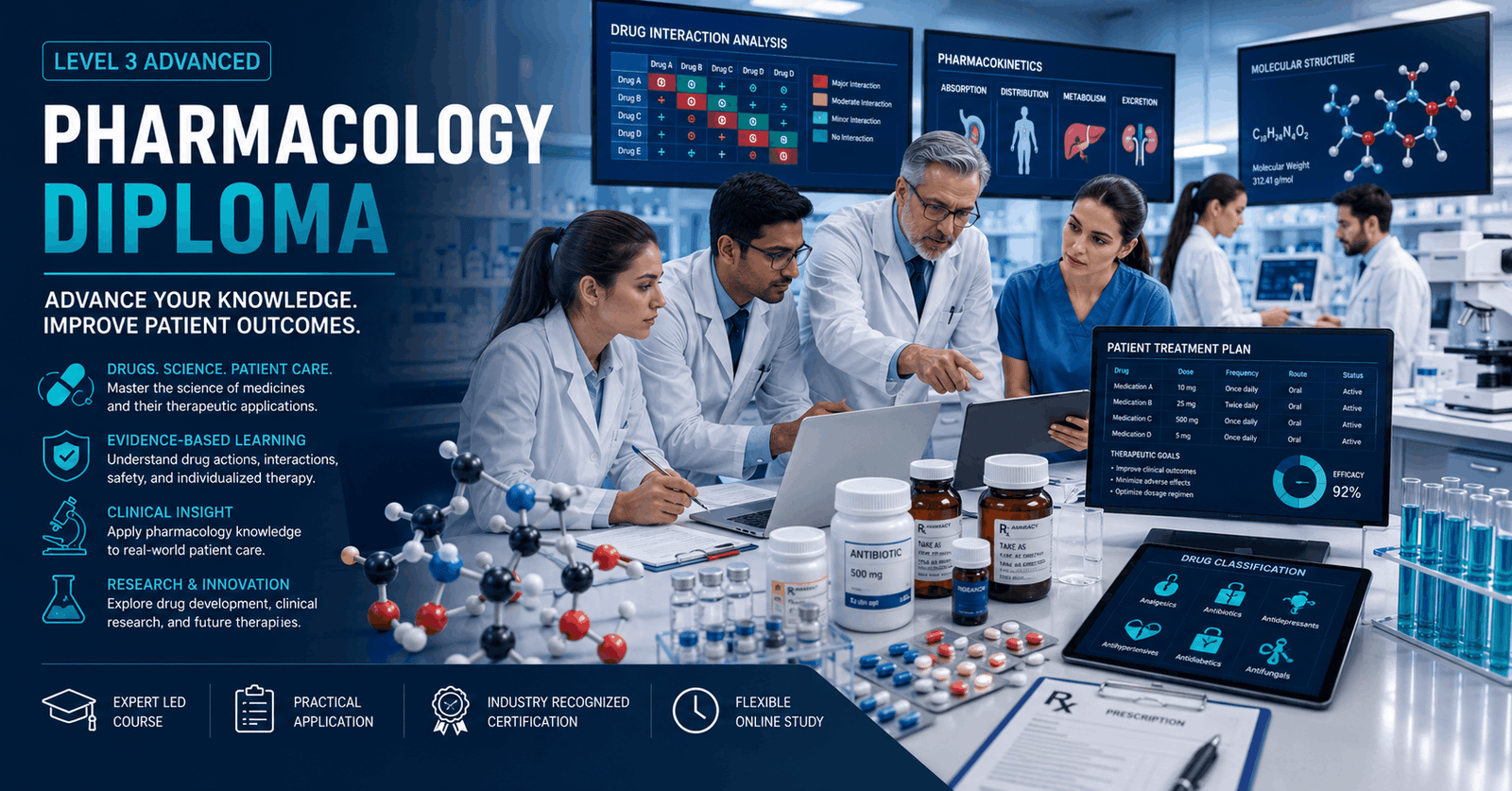 Healthcare professionals studying medicines and drug therapies in a pharmacology diploma programme