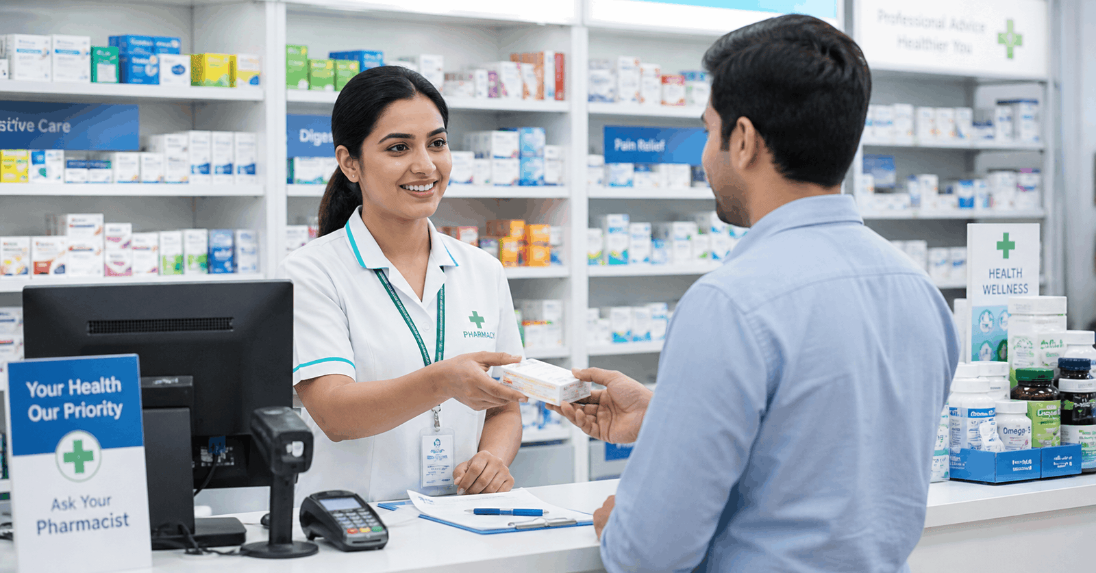 Pharmacy sales associate assisting customer at modern pharmacy counter with medicines and prescription service