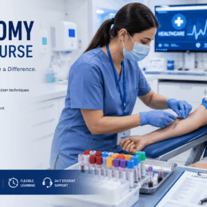Healthcare professional performing venepuncture during a Phlebotomy Training Course in a clinical setting