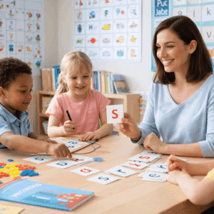 Phonics teaching course showing early years literacy activities with children, letters, sounds, and learning materials