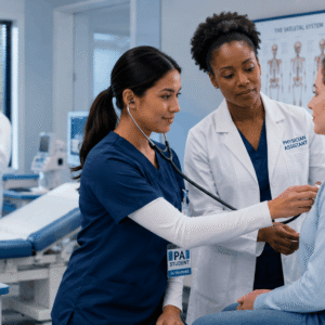 Healthcare trainee learning patient assessment in a Physician Assistant Diploma training environment