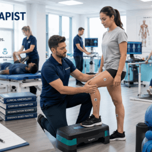 Professional physiotherapist assessing patient mobility during a Physiotherapist Diploma training programme