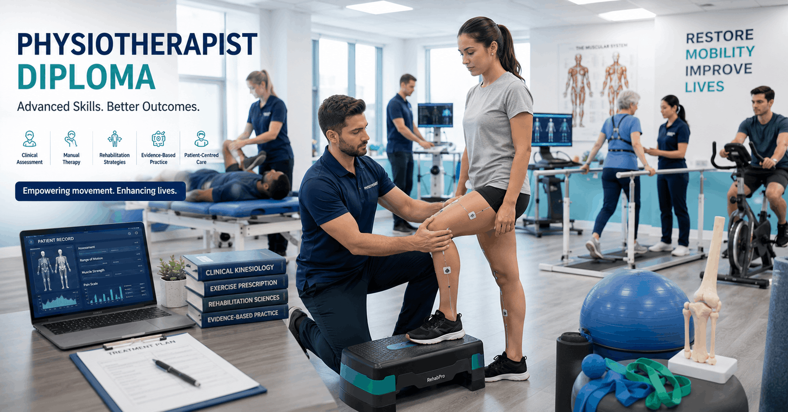 Professional physiotherapist assessing patient mobility during a Physiotherapist Diploma training programme