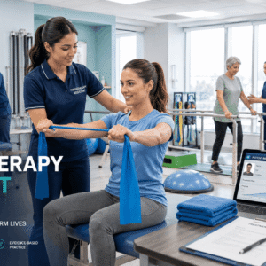 Physiotherapy assistant supporting patient rehabilitation during a Physiotherapy Assistant Diploma training session