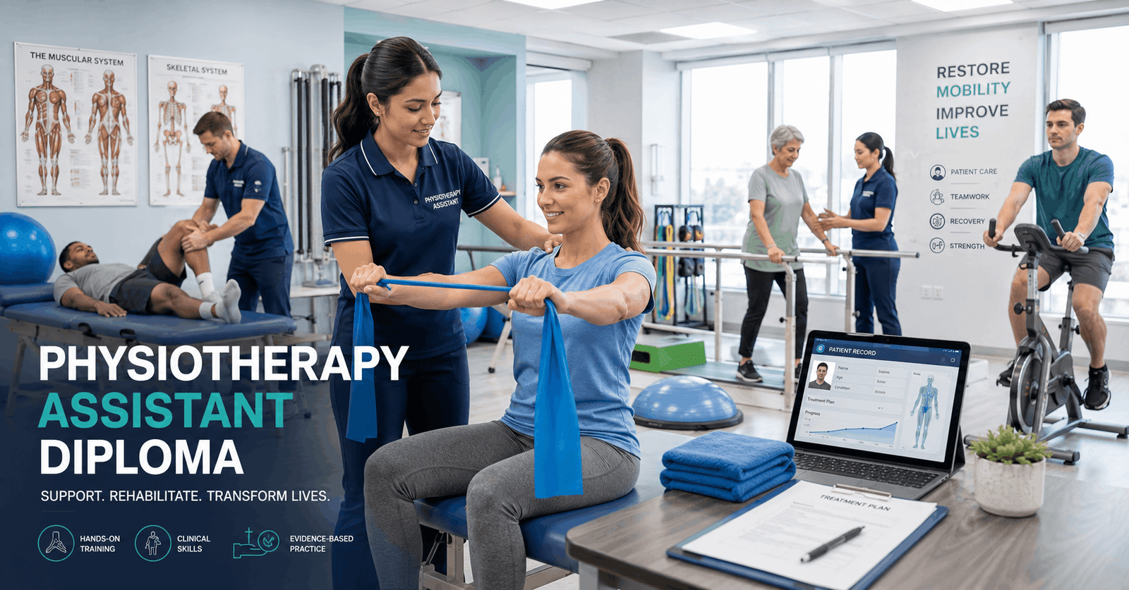 Physiotherapy assistant supporting patient rehabilitation during a Physiotherapy Assistant Diploma training session