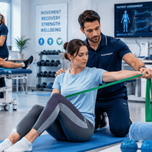 Physiotherapy Course showing therapist assisting patient with rehabilitation exercises in a modern clinical setting