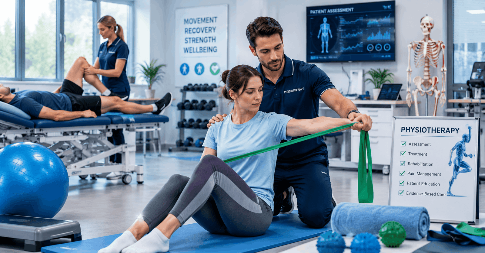 Physiotherapy Course showing therapist assisting patient with rehabilitation exercises in a modern clinical setting
