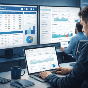 PPC advertising course showing digital marketers analysing ad campaigns and keyword data on multiple screens