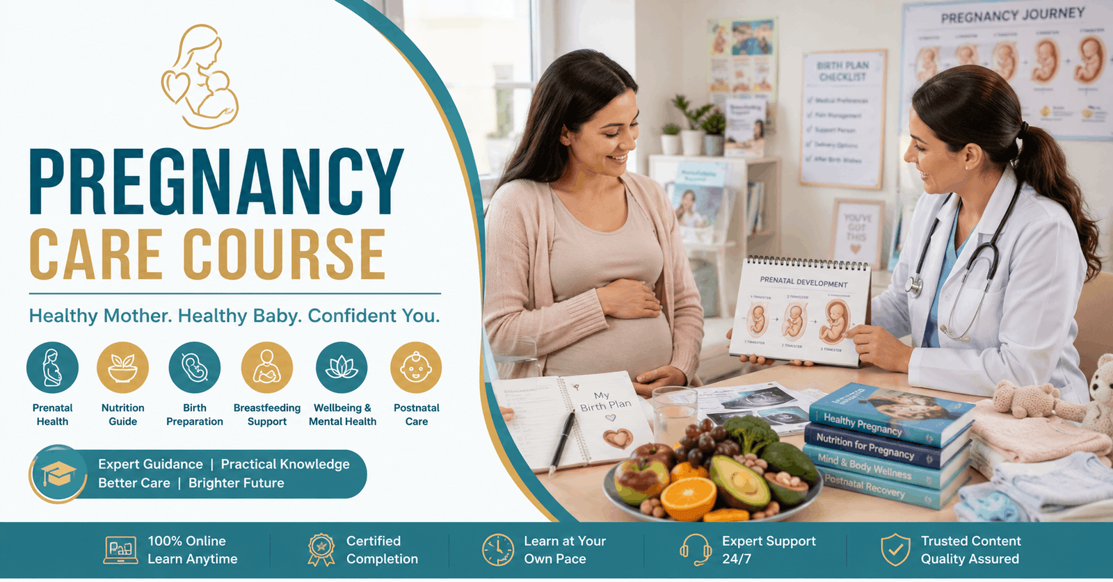 Pregnancy Care Course showing expectant mother receiving prenatal guidance in a modern healthcare setting