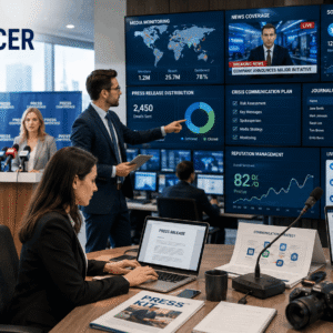 Press Officer managing media communications, press releases, and journalist relations in a professional PR environment