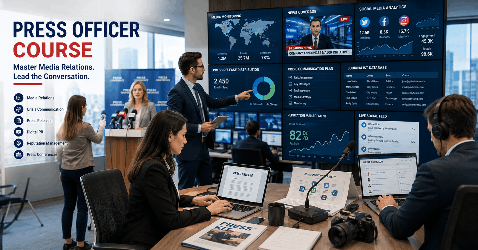 Press Officer managing media communications, press releases, and journalist relations in a professional PR environment