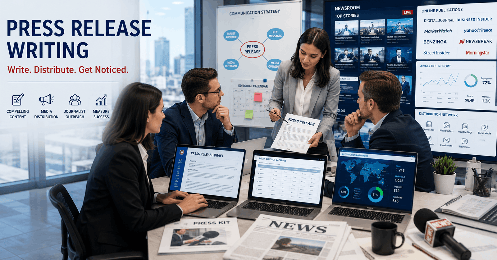 Public relations professional creating and distributing a Press Release Writing campaign to media outlets