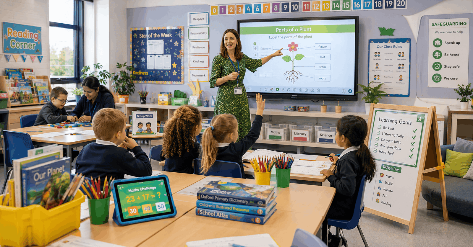 Primary School Teacher leading an engaging classroom lesson with young pupils in a modern learning environment