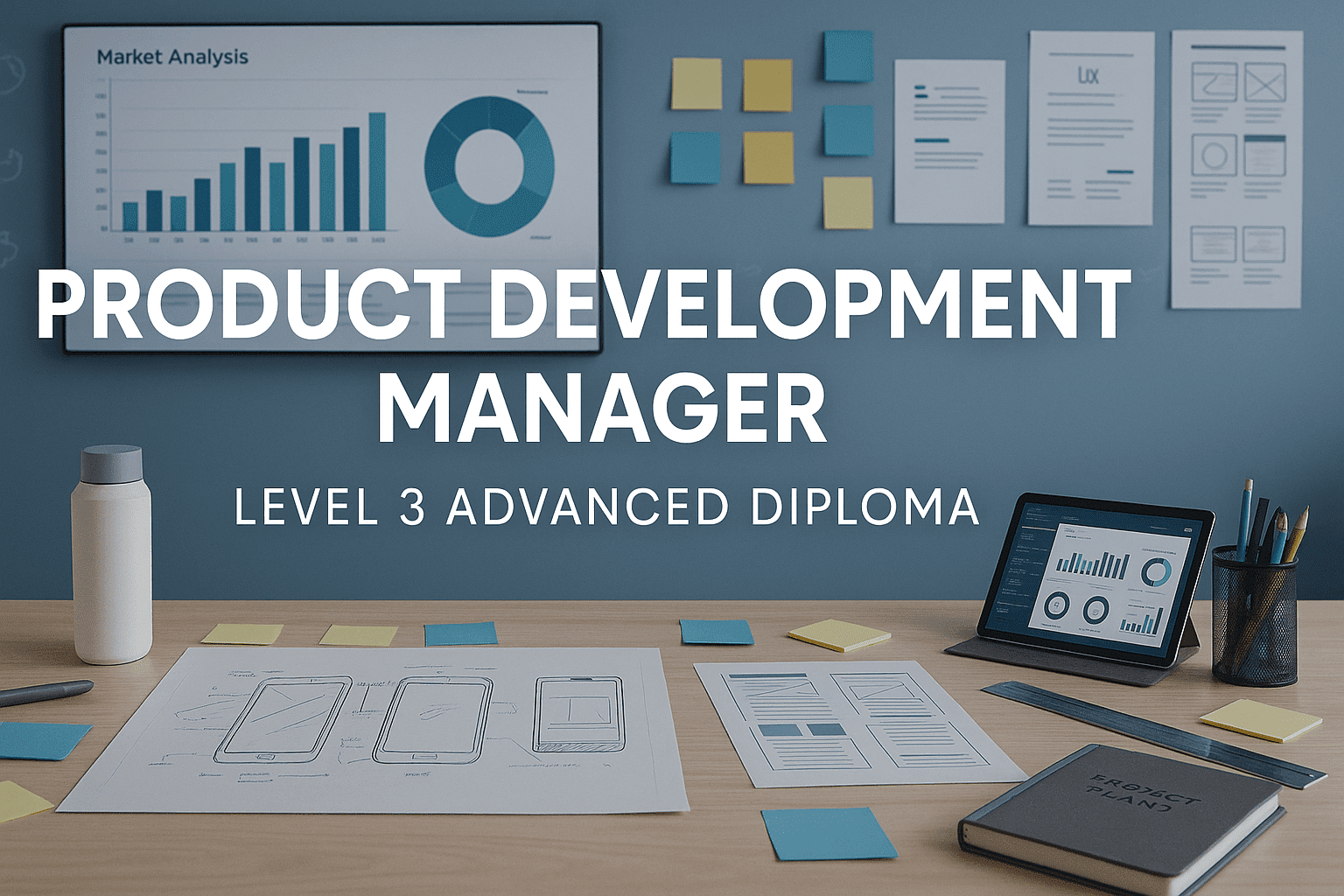 Modern workspace showing product design sketches, prototypes, market data dashboards and tools for a Product Development Manager Diploma.
