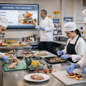 professional chef training showing chefs preparing dishes, practising food safety and cooking techniques in a modern kitchen