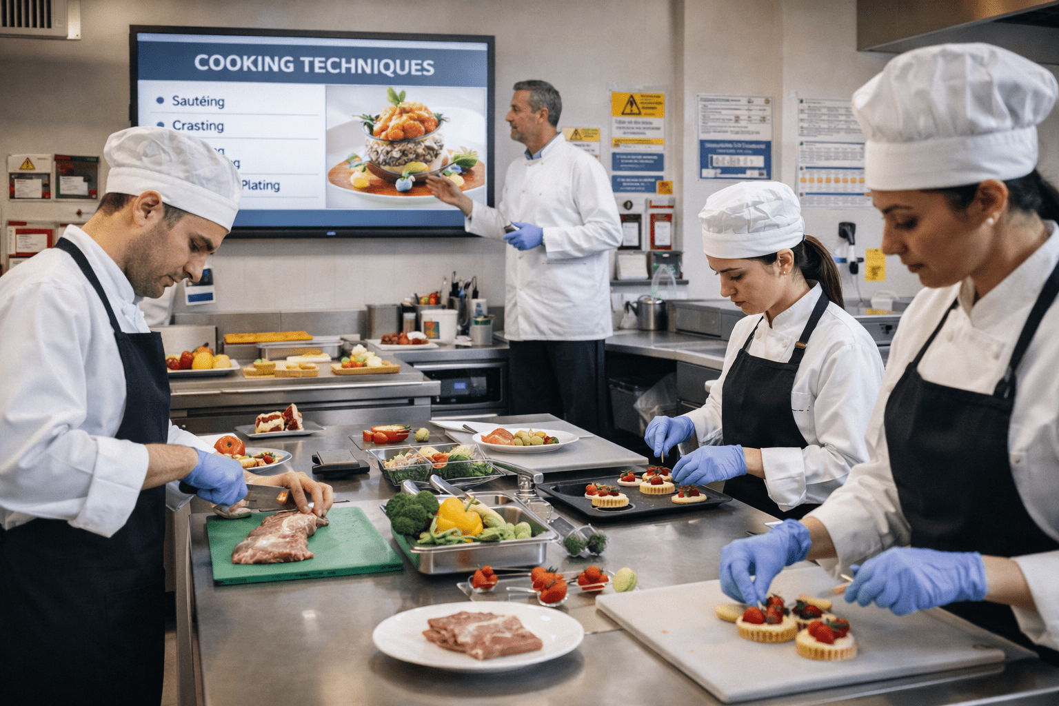professional chef training showing chefs preparing dishes, practising food safety and cooking techniques in a modern kitchen