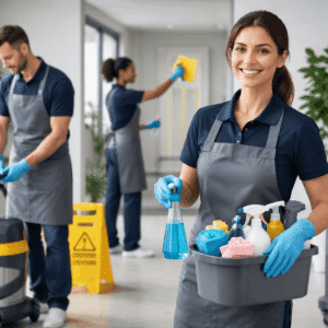 Professional Cleaning Training showing cleaners using equipment safely in a modern commercial and residential environment
