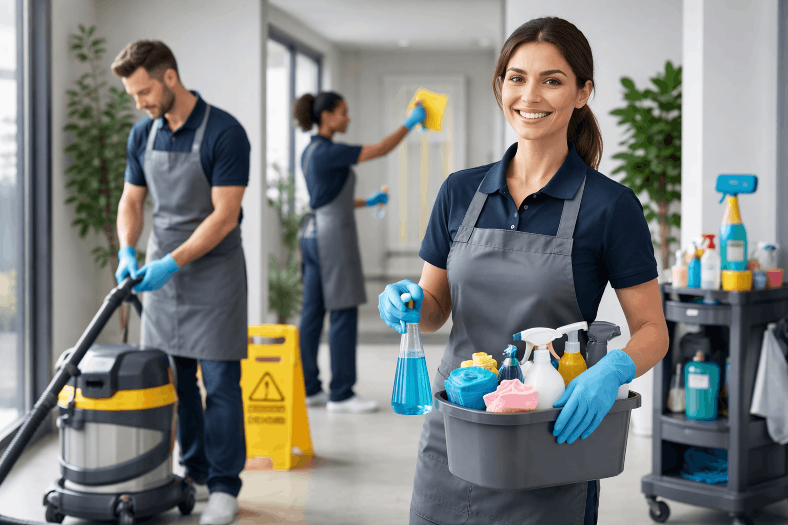 Professional Cleaning Training showing cleaners using equipment safely in a modern commercial and residential environment