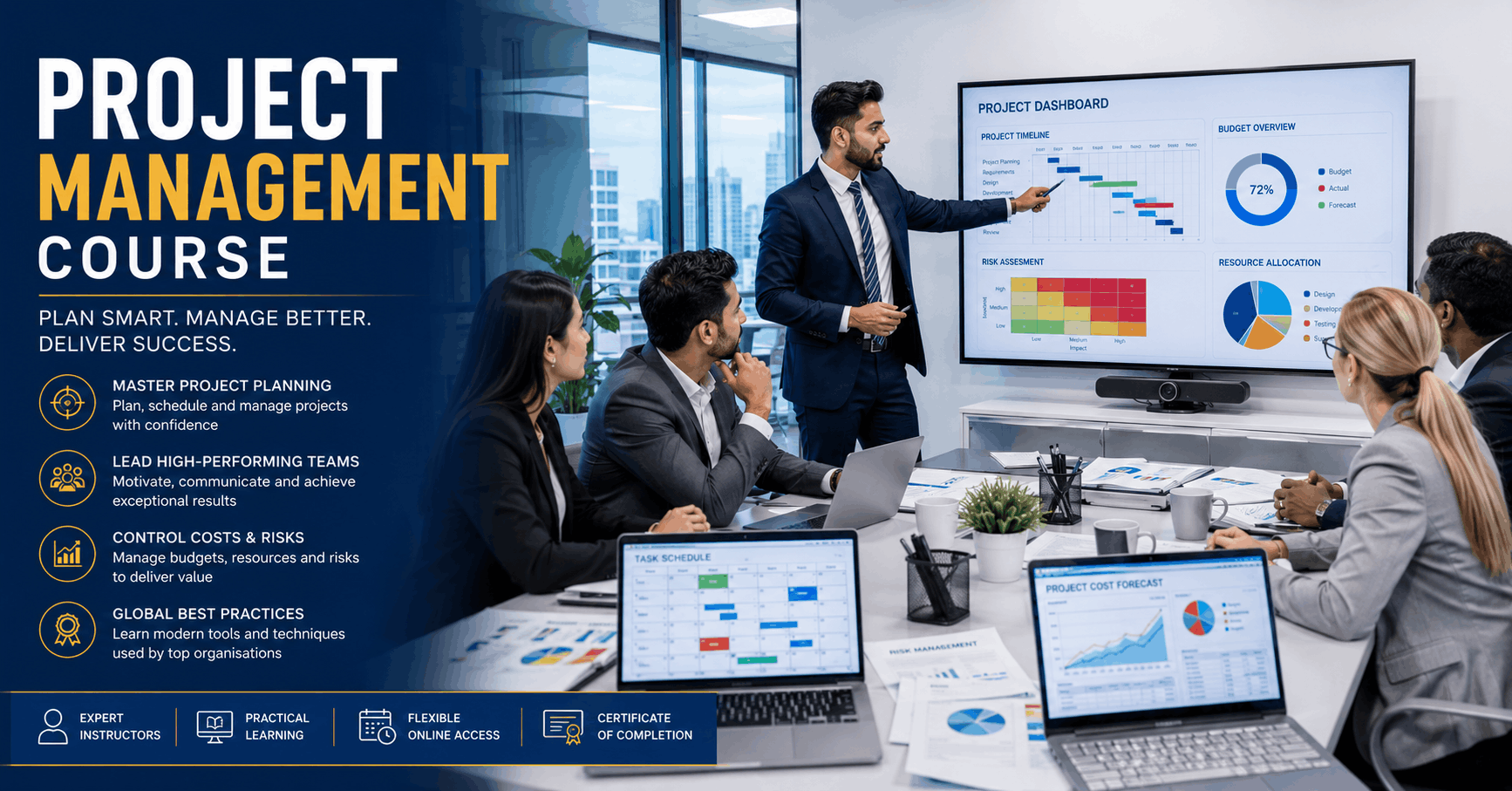 Project manager leading a team meeting during a Project Management Course in a modern business environment