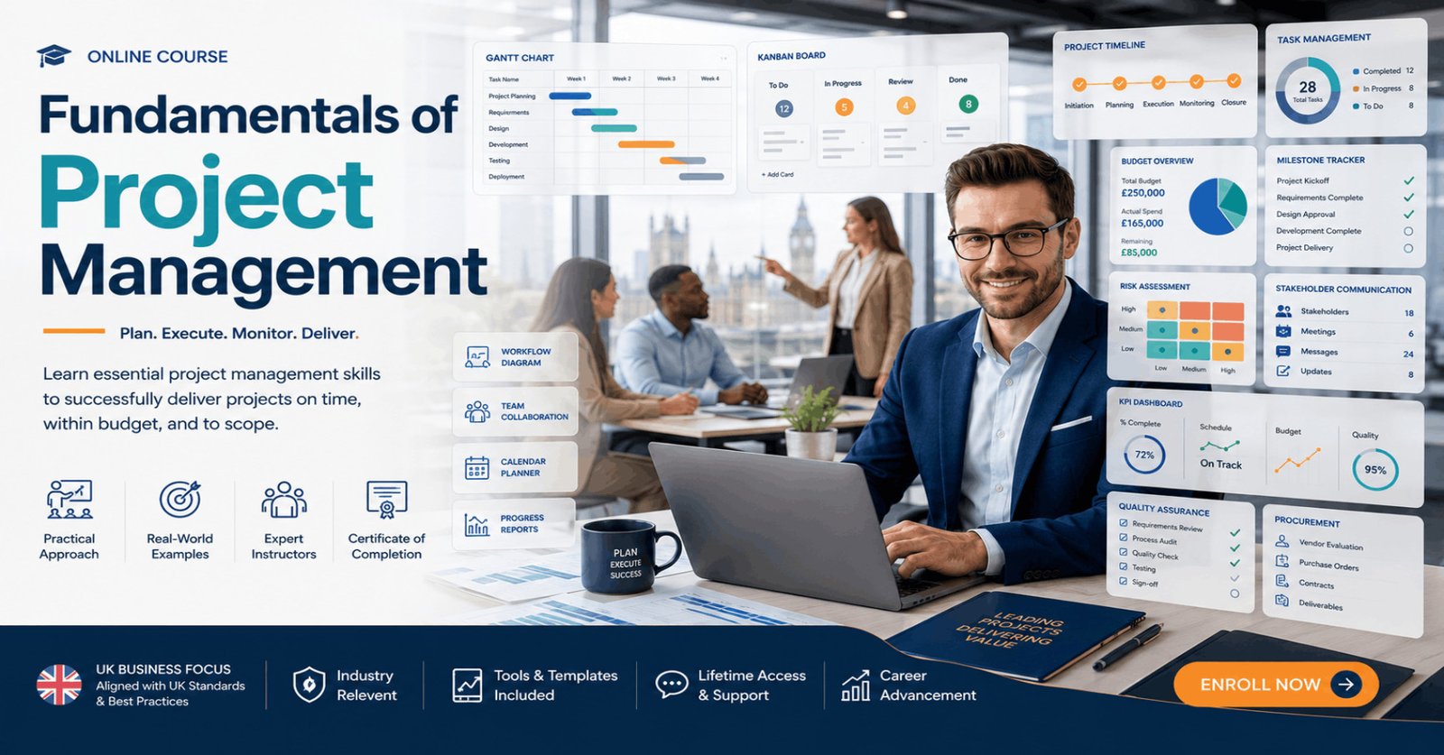 Professional Project Management Fundamentals course featuring project planning, Gantt charts, teamwork, budgeting, and project dashboards.