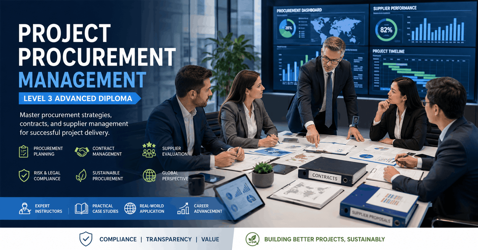 Professional procurement team managing contracts and suppliers in a Project Procurement Management environment