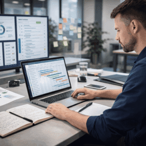 Project support officer training showing organised project planning, progress tracking, and team coordination in an office setting