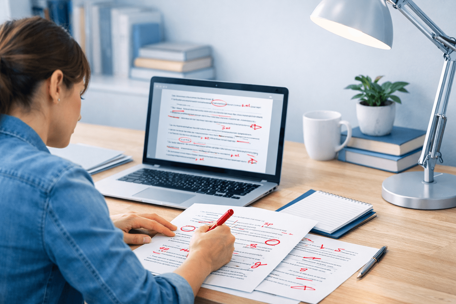 Online proofreading skills course showing a student reviewing text and correcting grammar on a digital document