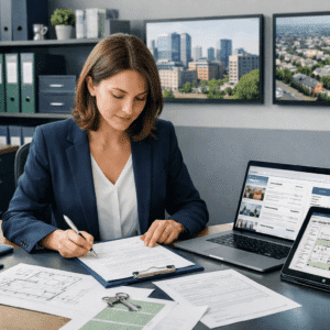 Property administrator course showing a professional managing UK property records, tenancy files, and legal documents in an office