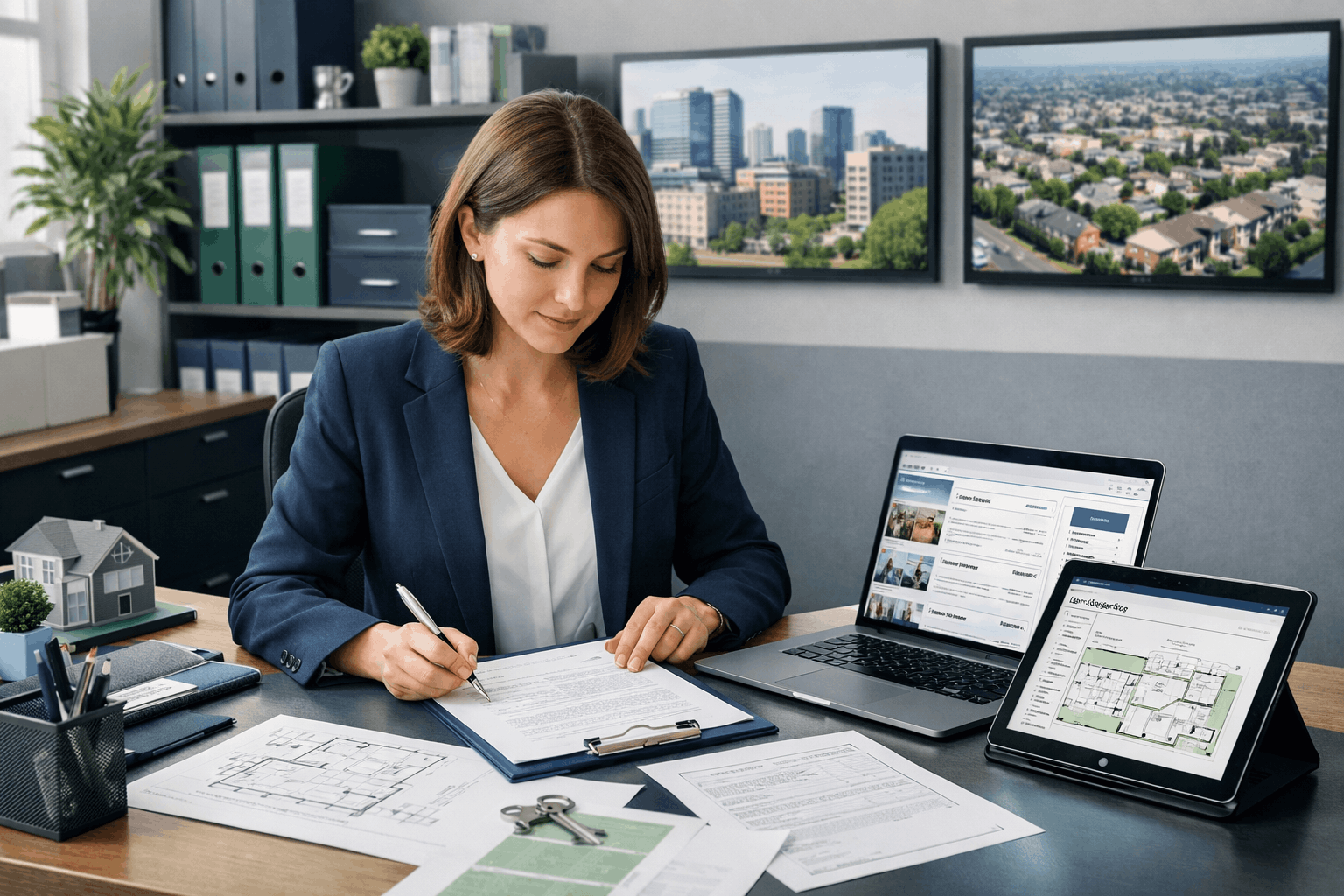 Property administrator course showing a professional managing UK property records, tenancy files, and legal documents in an office