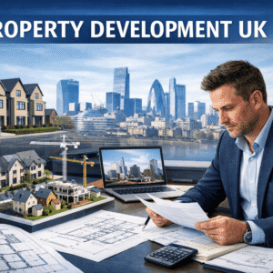 Property Development UK training showing modern British buildings, site plans and a property developer reviewing projects