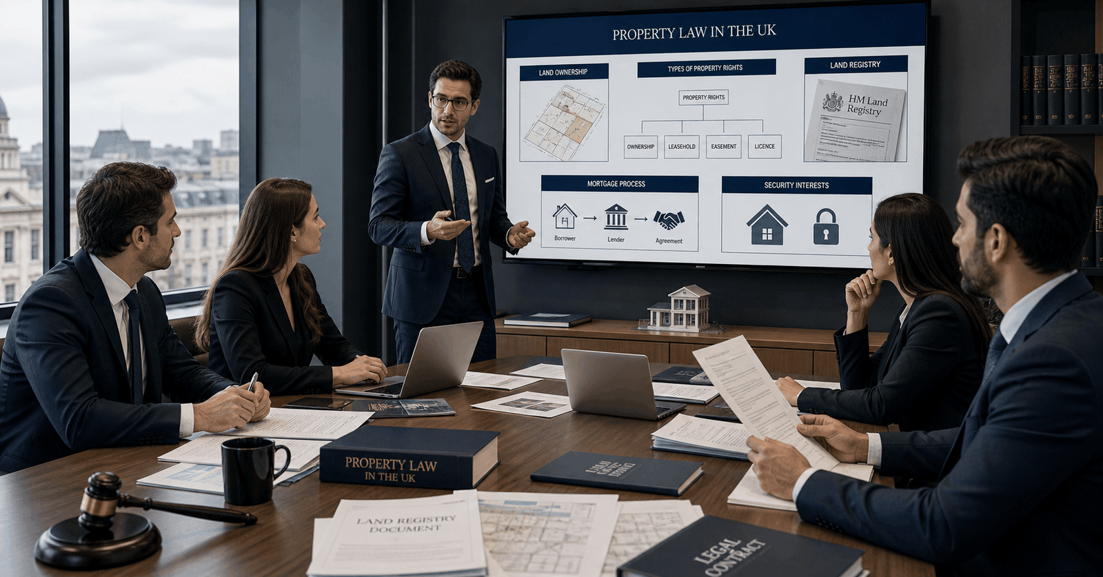 Property Law UK course showing legal professionals reviewing land documents in a modern office
