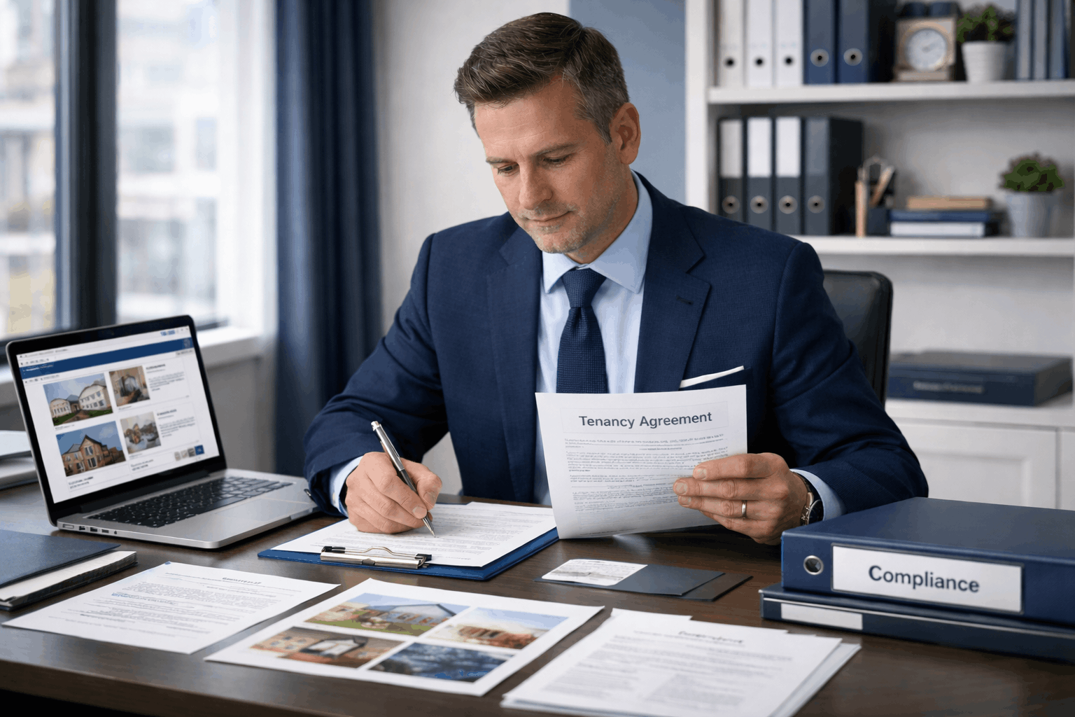 Professional property manager reviewing tenancy agreements, rental listings, and compliance documents in a modern UK office setting.