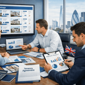 Property marketing UK training showing estate agents reviewing property listings and marketing plans in a professional UK office