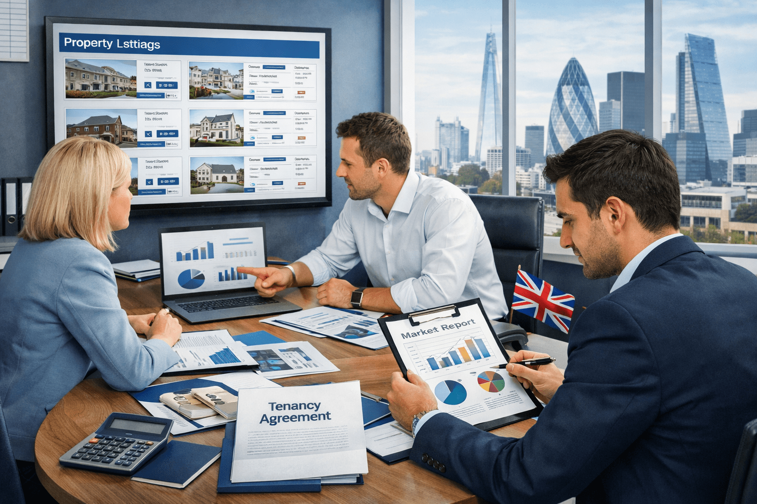 Property marketing UK training showing estate agents reviewing property listings and marketing plans in a professional UK office