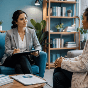 Professional counsellor conducting a client session in a Psychology Counselling Diploma learning environment