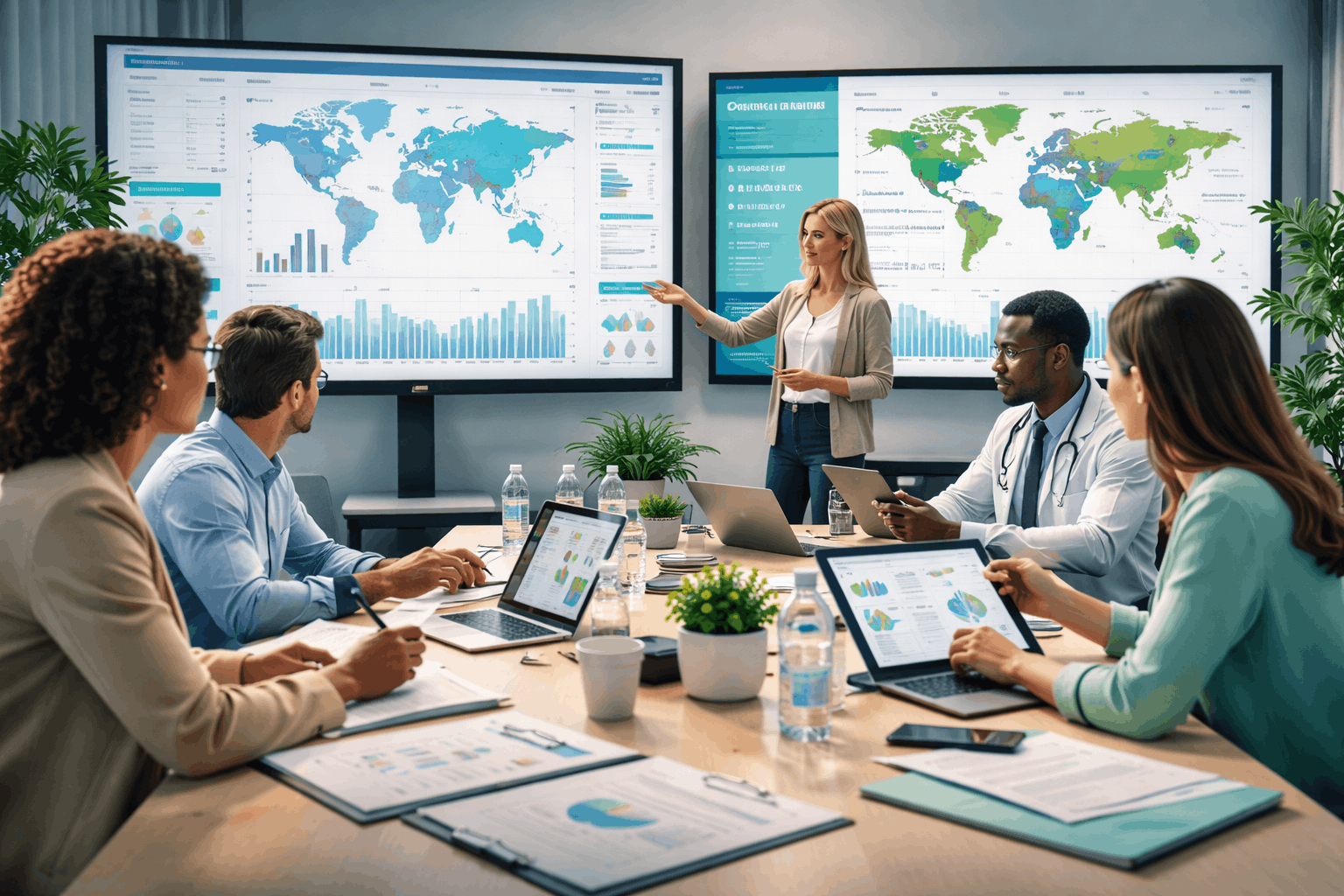 Public health classroom and data analysis scene representing key concepts taught in a public health course.