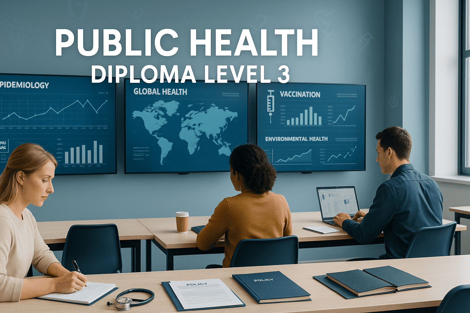 Modern classroom with health data screens and students learning epidemiology for Public Health Diploma Level 3.