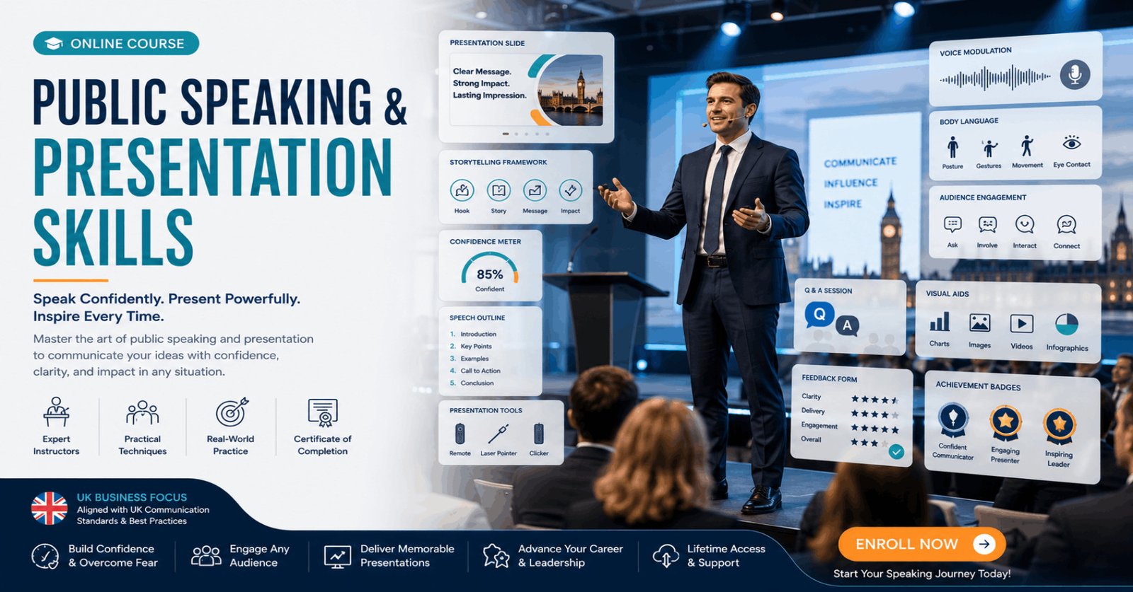Professional Public Speaking Presentation Skills course featuring a confident presenter, audience engagement, and presentation slides.