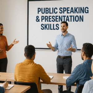 learners practising public speaking skills with instructor in classroom