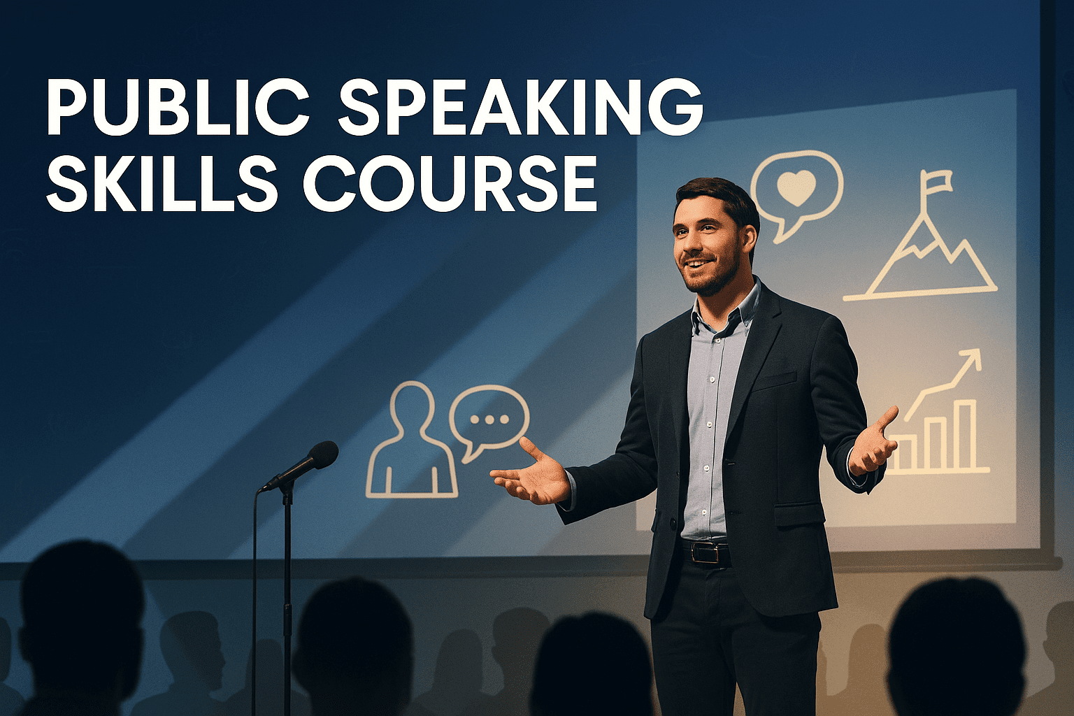 A confident speaker on stage using gestures and storytelling visuals, representing the Public Speaking Skills course.