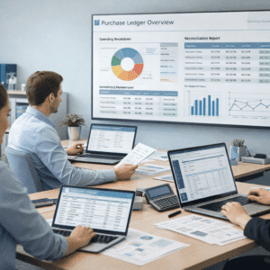 Purchase ledger training showing an accounts team reviewing supplier invoices and reconciliation reports on a computer screen