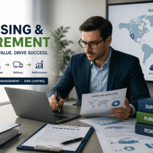 Professional workspace showing purchasing and procurement processes with supplier data, contracts, and logistics planning