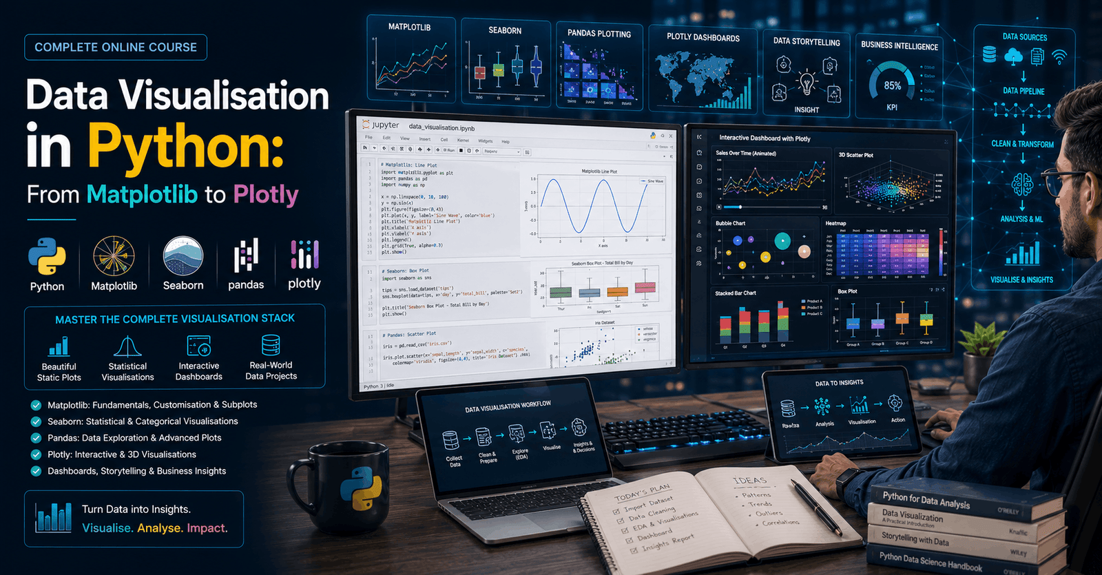 Data analyst creating Python Data Visualization dashboards with Matplotlib, Seaborn, Pandas and Plotly charts.