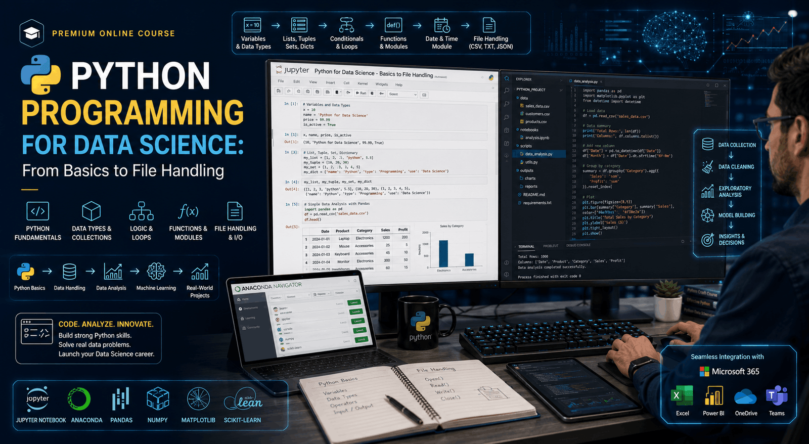 Developer learning Python for Data Science with Jupyter Notebook, code editor, data structures and file handling examples.