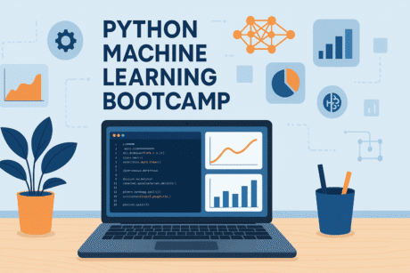 Python machine learning bootcamp showing code, data charts, and AI visualisation elements in a modern workspace