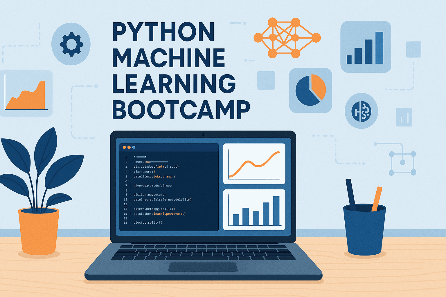 Python machine learning bootcamp showing code, data charts, and AI visualisation elements in a modern workspace