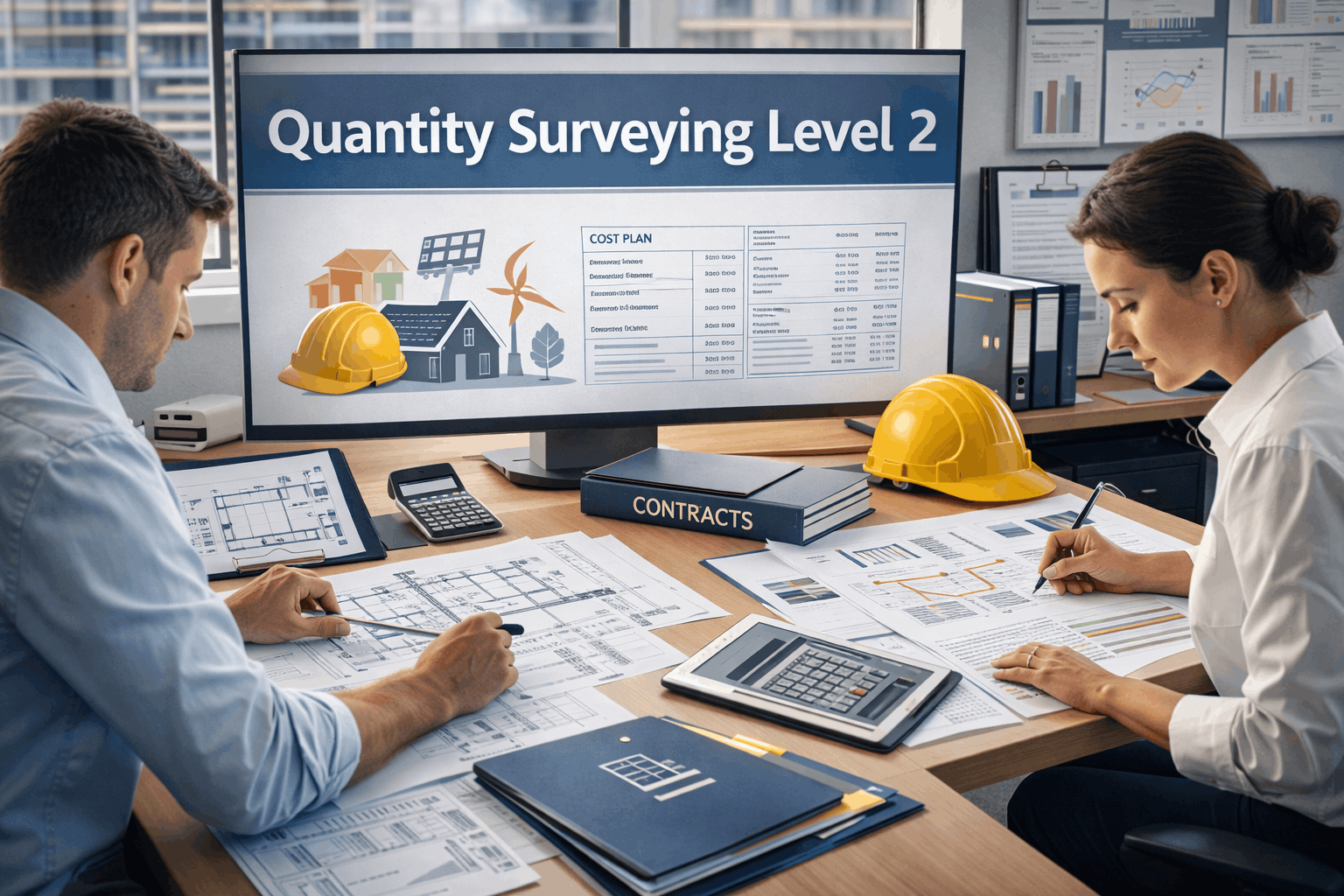 Quantity Surveying Level 2 course showing measurement drawings, cost plans, contracts, and construction project management visuals